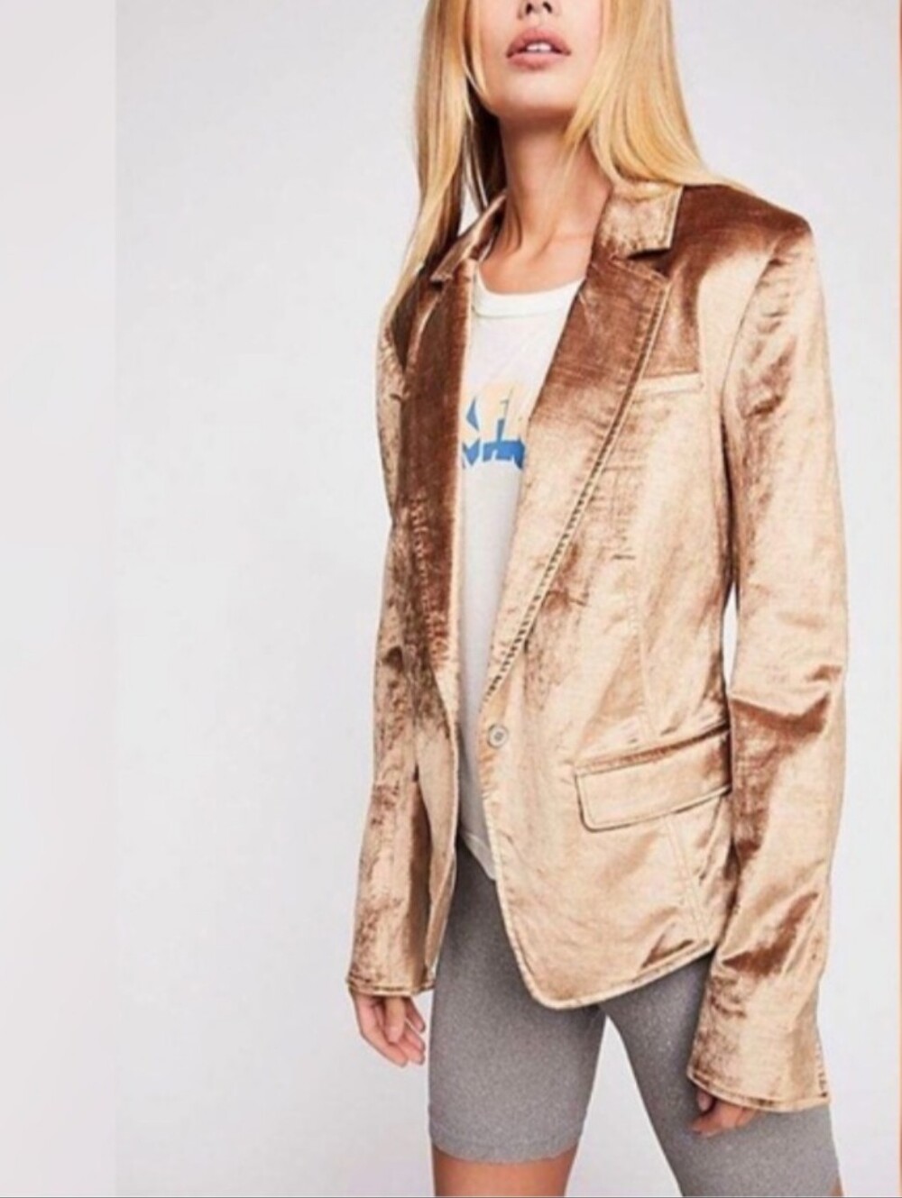 Free People Gold Soft Velvety Shimmer Structured Collar Jacket Blazer Size Small